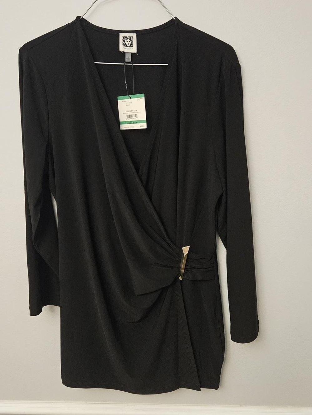 Anne Klein Black Long-Sleeve Wrap Dress with Gold Accent